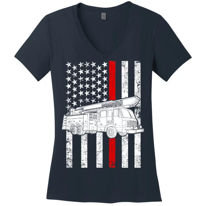 Fire Truck American Firefighter Thin Red Line Flag Women's V-Neck T-Shirt