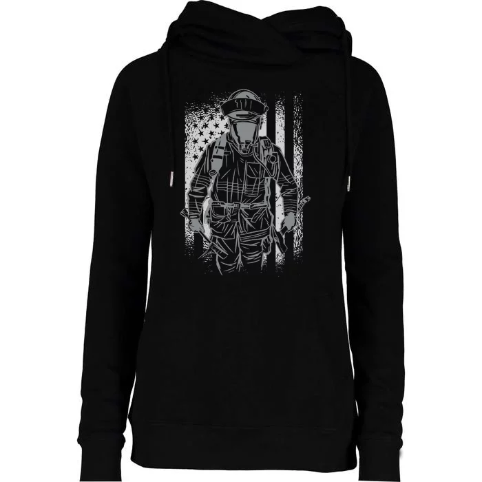 Firefighter American Flag Womens Funnel Neck Pullover Hood