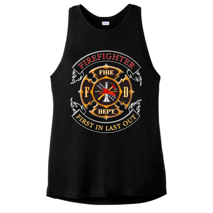 Firefighter Biker Logo First In Last Out Ladies Tri-Blend Wicking Tank