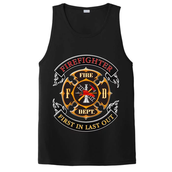 Firefighter Biker Logo First In Last Out Performance Tank