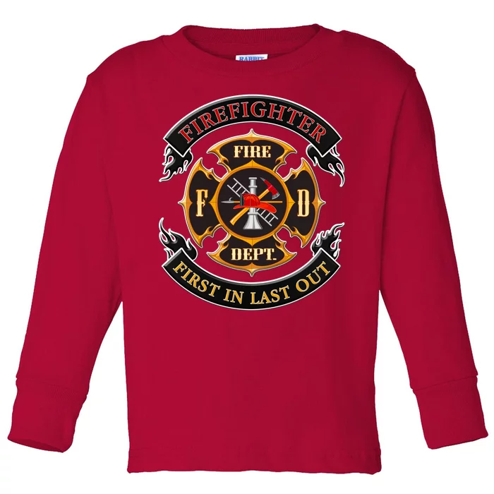 Firefighter Biker Logo First In Last Out Toddler Long Sleeve Shirt