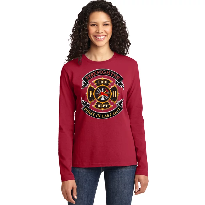 Firefighter Biker Logo First In Last Out Ladies Long Sleeve Shirt