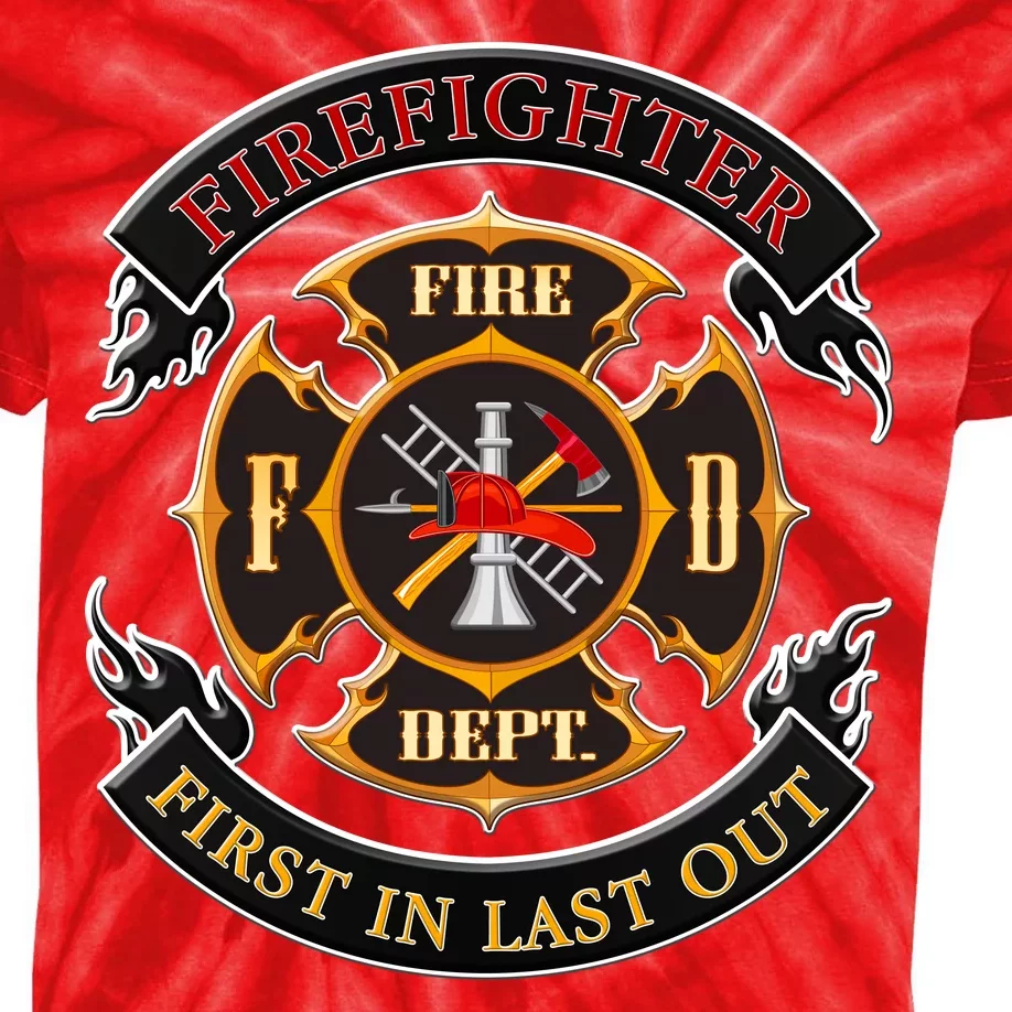 Firefighter Biker Logo First In Last Out Kids Tie-Dye T-Shirt