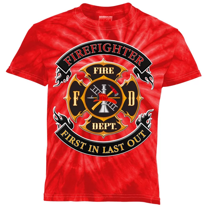 Firefighter Biker Logo First In Last Out Kids Tie-Dye T-Shirt