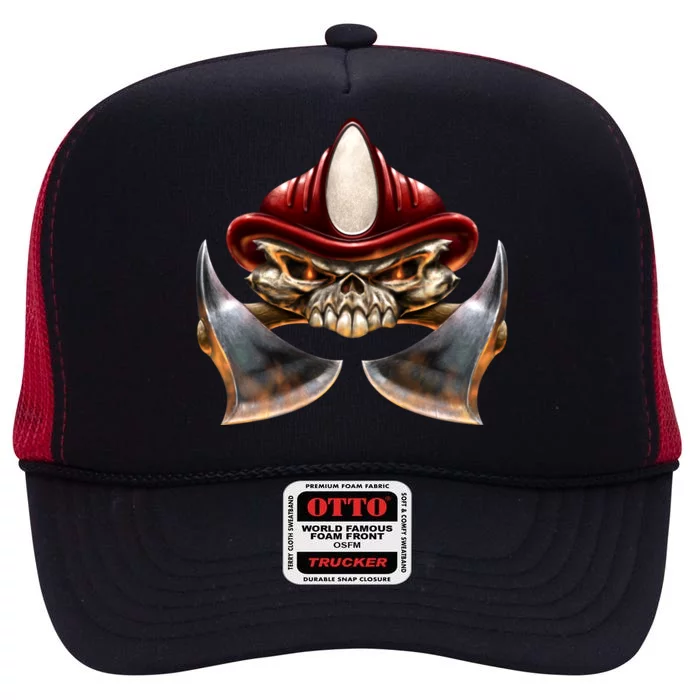 Firefighter Fire Skull Axe High Crown Mesh Trucker Hat