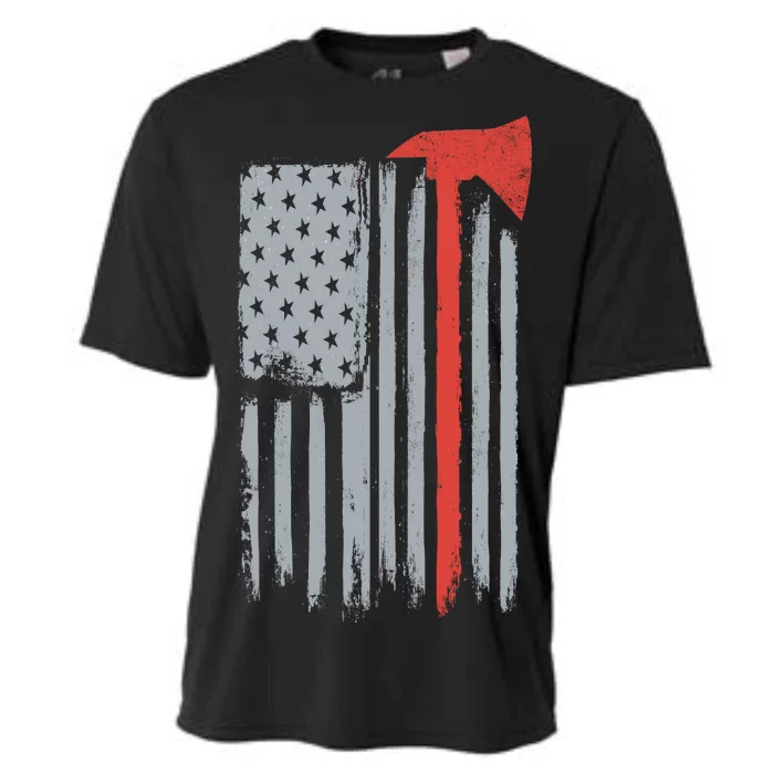 Firefighter Red Axe Vintage American Flag Cooling Performance Crew T-Shirt