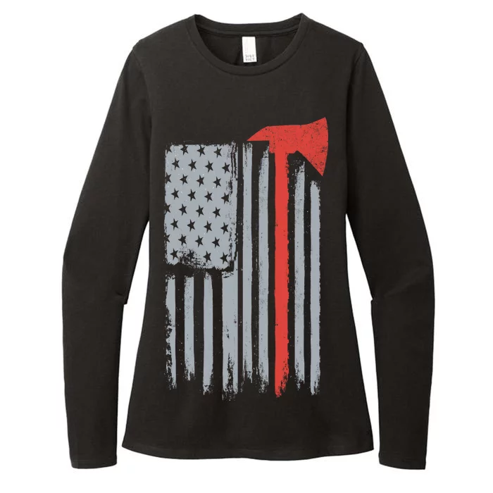 Firefighter Red Axe Vintage American Flag Womens CVC Long Sleeve Shirt