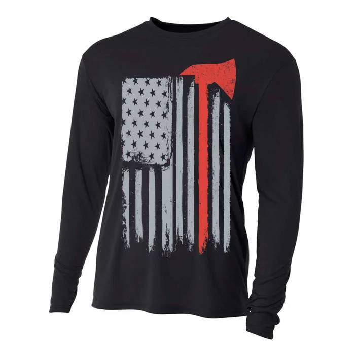 Firefighter Red Axe Vintage American Flag Cooling Performance Long Sleeve Crew