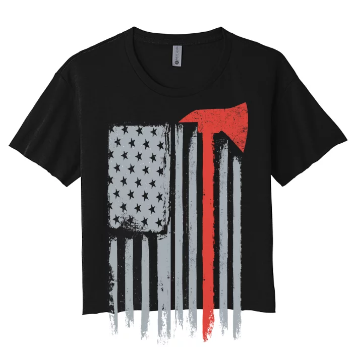 Firefighter Red Axe Vintage American Flag Women's Crop Top Tee