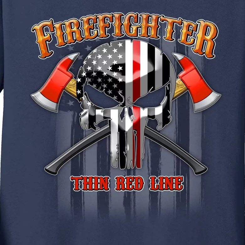 Firefighter Thin Red Line Flag Skull Kids Long Sleeve Shirt