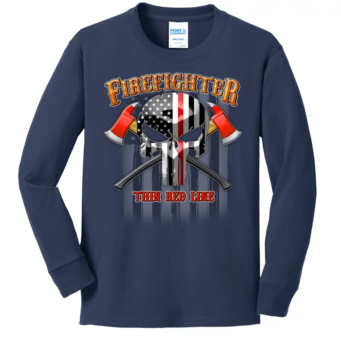 Firefighter Thin Red Line Flag Skull Kids Long Sleeve Shirt