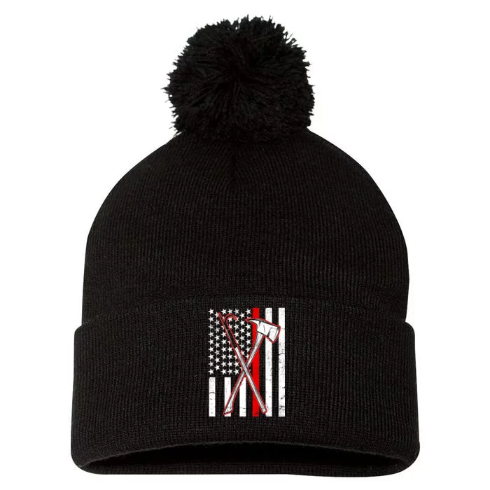 Firefighter US Flag Thin Red Line Pom Pom 12in Knit Beanie