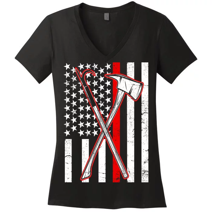 Firefighter US Flag Thin Red Line Women's V-Neck T-Shirt