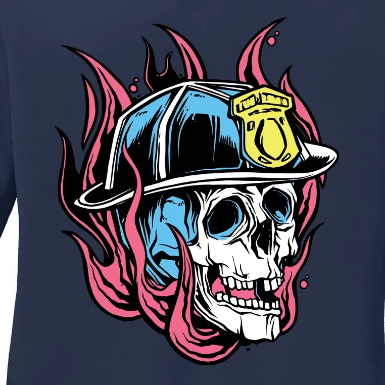 Fireman Skull Flame Ladies Long Sleeve Shirt