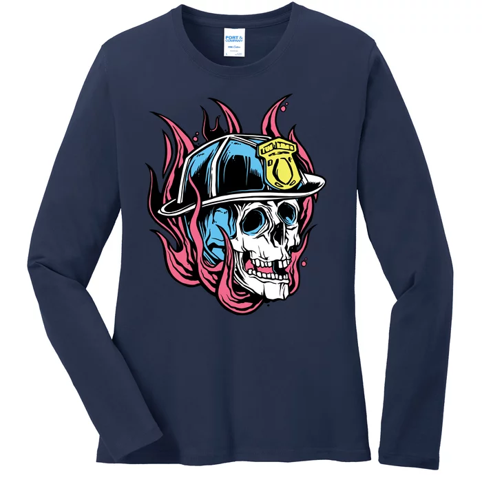 Fireman Skull Flame Ladies Long Sleeve Shirt