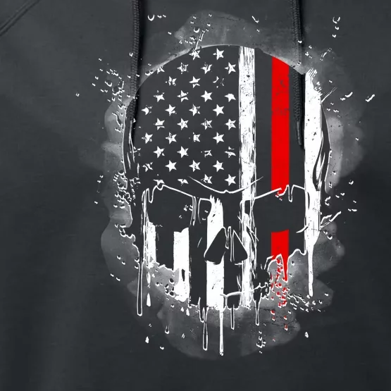 Firemen Red Line Flag Skull Performance Fleece Hoodie