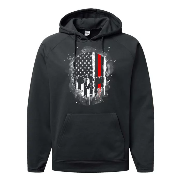 Firemen Red Line Flag Skull Performance Fleece Hoodie