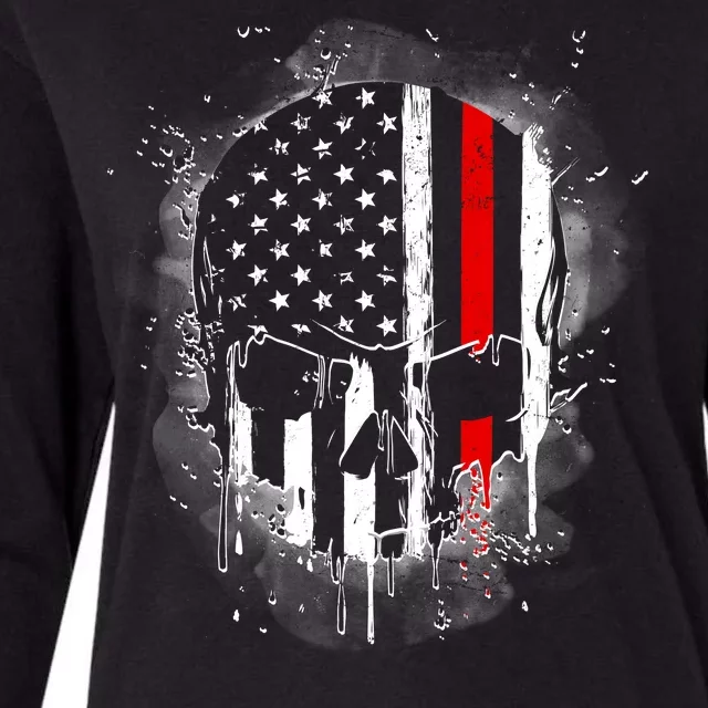 Firemen Red Line Flag Skull Womens Cotton Relaxed Long Sleeve T-Shirt