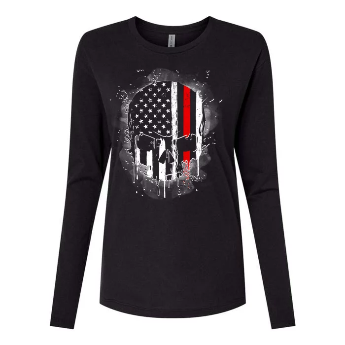 Firemen Red Line Flag Skull Womens Cotton Relaxed Long Sleeve T-Shirt