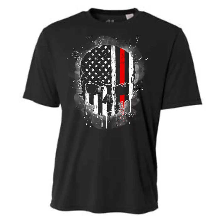 Firemen Red Line Flag Skull Cooling Performance Crew T-Shirt