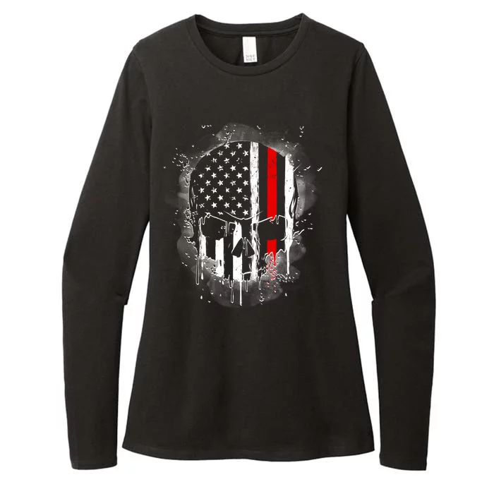 Firemen Red Line Flag Skull Womens CVC Long Sleeve Shirt