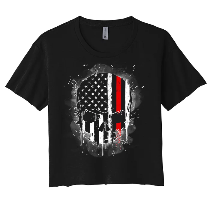 Firemen Red Line Flag Skull Women's Crop Top Tee