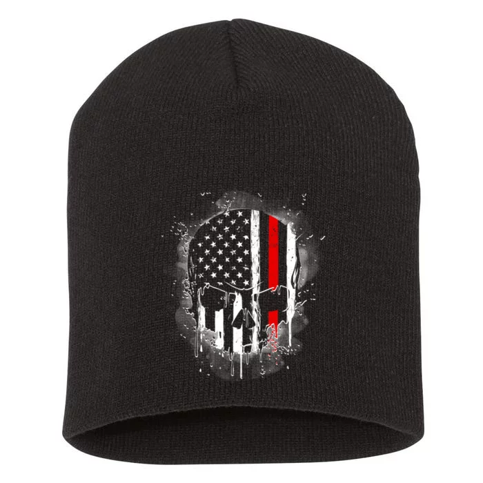 Firemen Red Line Flag Skull Short Acrylic Beanie