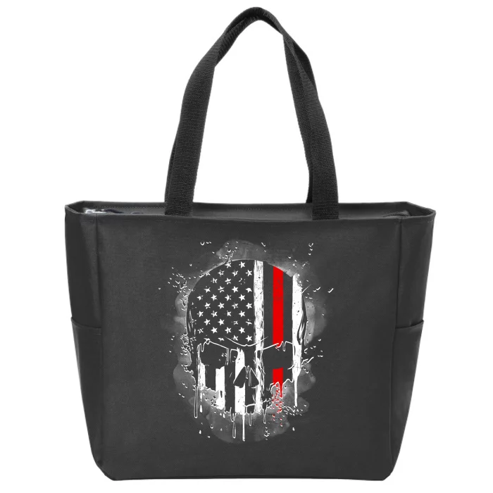 Firemen Red Line Flag Skull Zip Tote Bag