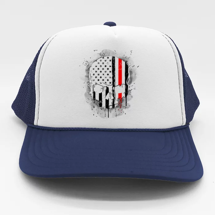 Firemen Red Line Flag Skull Trucker Hat