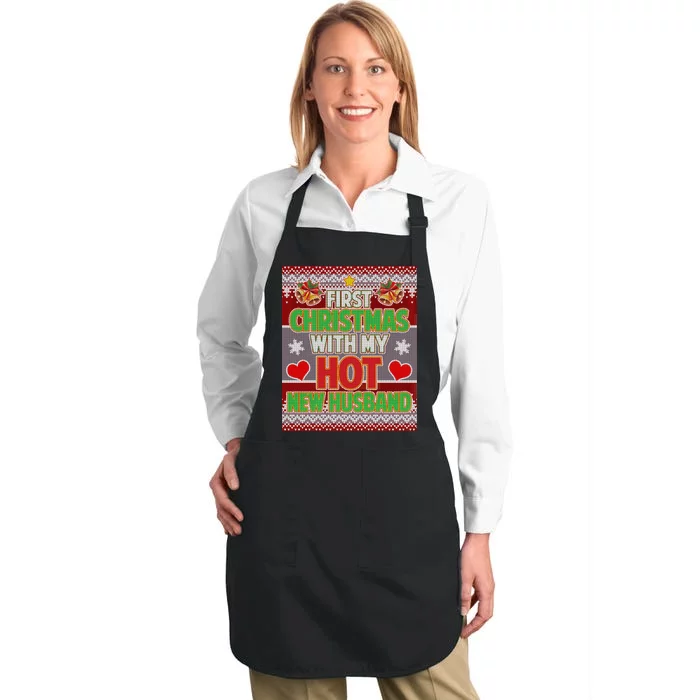 First Christmas With Hot Husband Ugly Sweater Full-Length Apron With Pocket