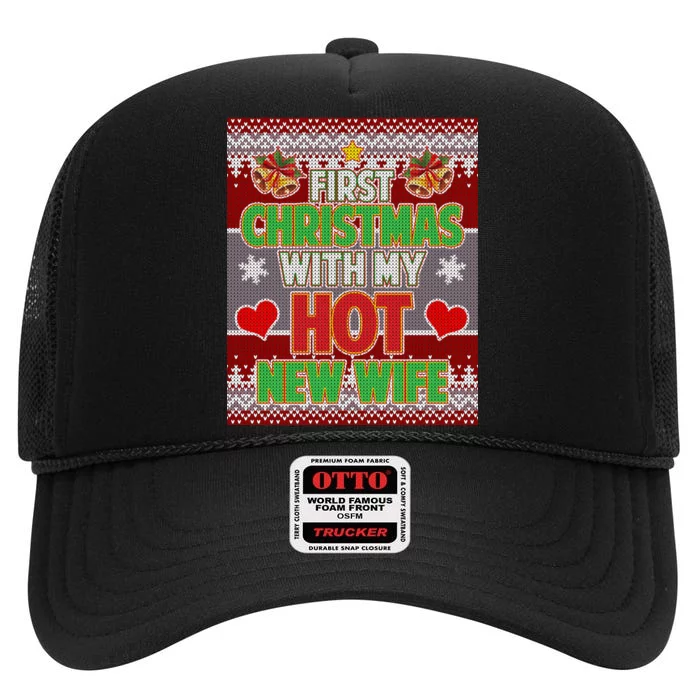 First Christmas With Hot Wife Ugly Sweater High Crown Mesh Trucker Hat