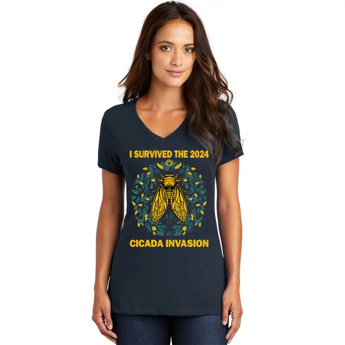 Funny I Survived The Cicada Invasion Spring Cicada Bug Women's V-Neck T-Shirt