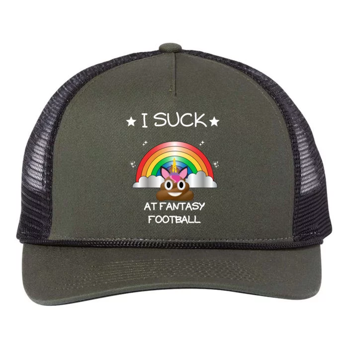 Funny I Suck At Fantasy Football Poop Unicorn Punishment Design Retro Rope Trucker Hat Cap