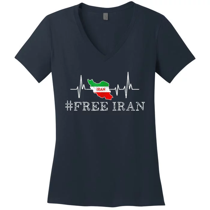 Free Iran Symbol Flag Heartbeat Freedom Love Women's V-Neck T-Shirt