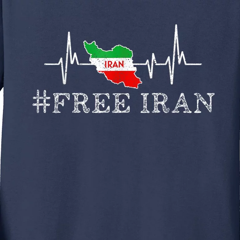 Free Iran Symbol Flag Heartbeat Freedom Love Kids Long Sleeve Shirt