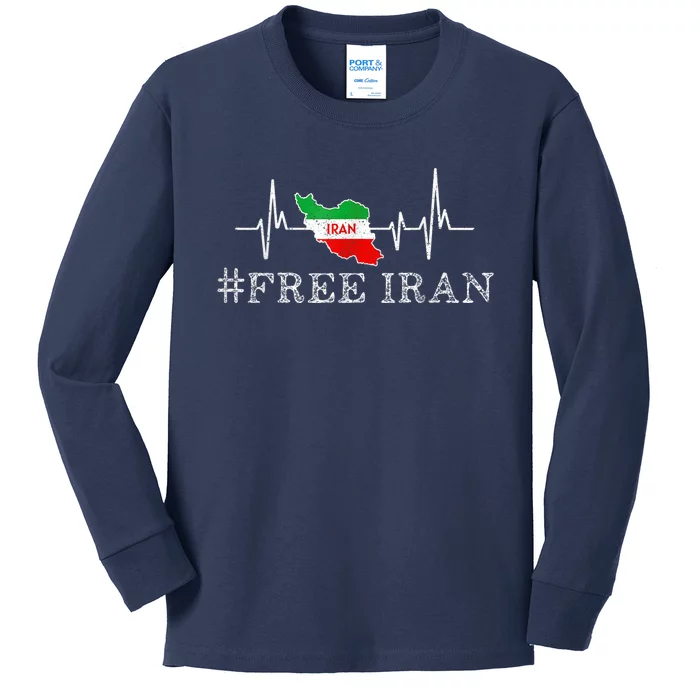 Free Iran Symbol Flag Heartbeat Freedom Love Kids Long Sleeve Shirt