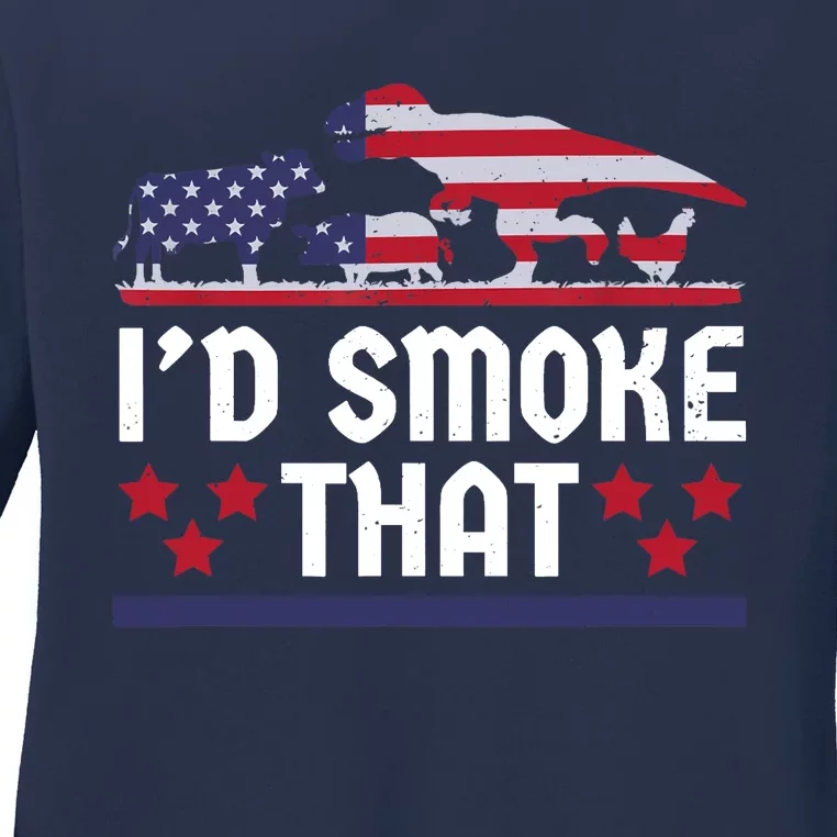 Funny ID Smoke That Bbq Barbeque Patriot Dinosaur Ladies Long Sleeve Shirt