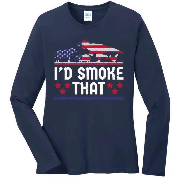 Funny ID Smoke That Bbq Barbeque Patriot Dinosaur Ladies Long Sleeve Shirt