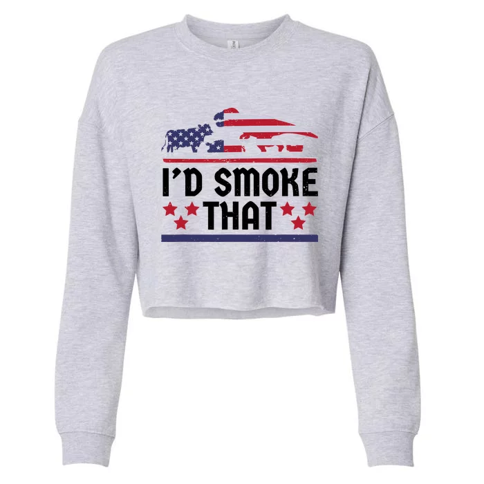 Funny ID Smoke That Bbq Barbeque Patriot Dinosaur Cropped Pullover Crew