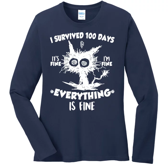 Funny I Survived 100 Days It's Fine I'm Fine Everything Is Fine Ladies Long Sleeve Shirt