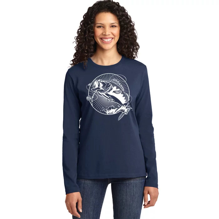 Fishing - Jumping Bass Fish Ladies Long Sleeve Shirt