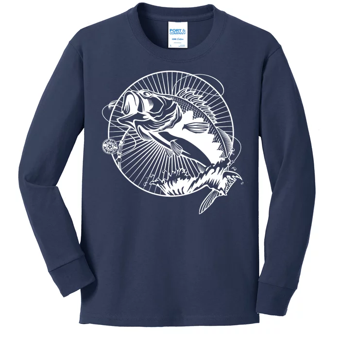 Fishing - Jumping Bass Fish Kids Long Sleeve Shirt