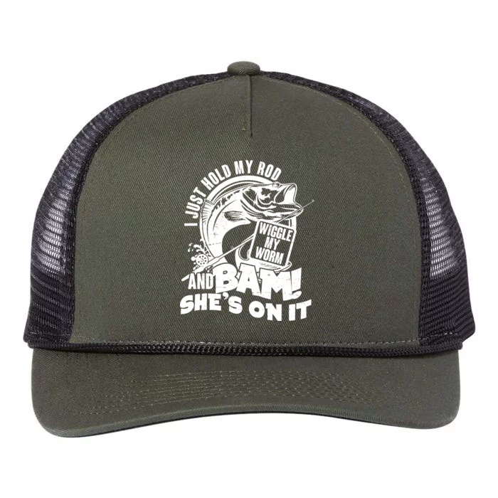 Fishing I Just Hold My Rod And Wiggle My Worm Retro Rope Trucker Hat Cap