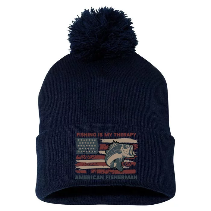 Fishing Is My Therapy American Fisherman Pom Pom 12in Knit Beanie