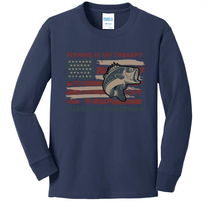 Fishing Is My Therapy American Fisherman Kids Long Sleeve Shirt