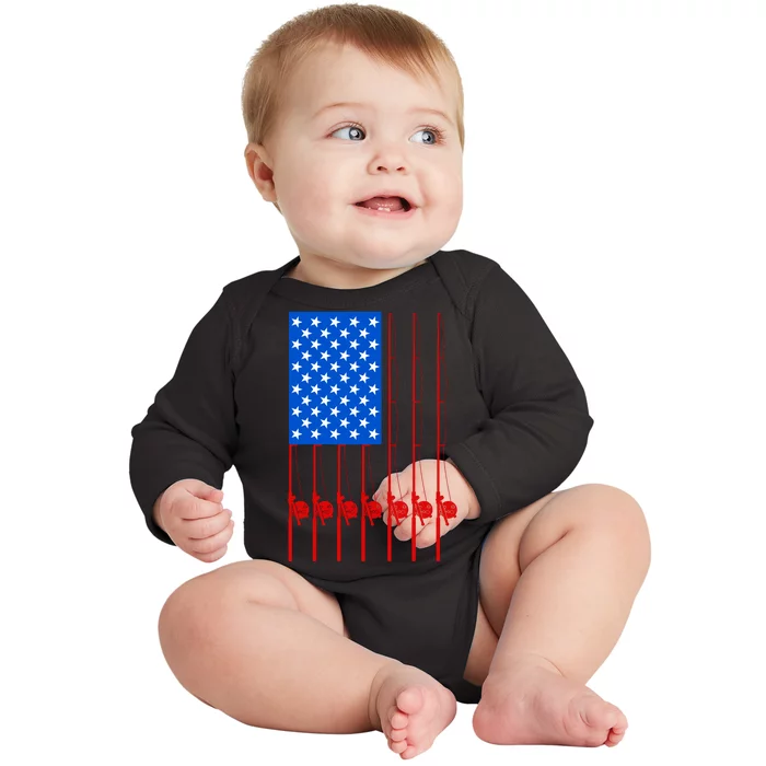 Fishing Poles USA American Flag Baby Long Sleeve Bodysuit