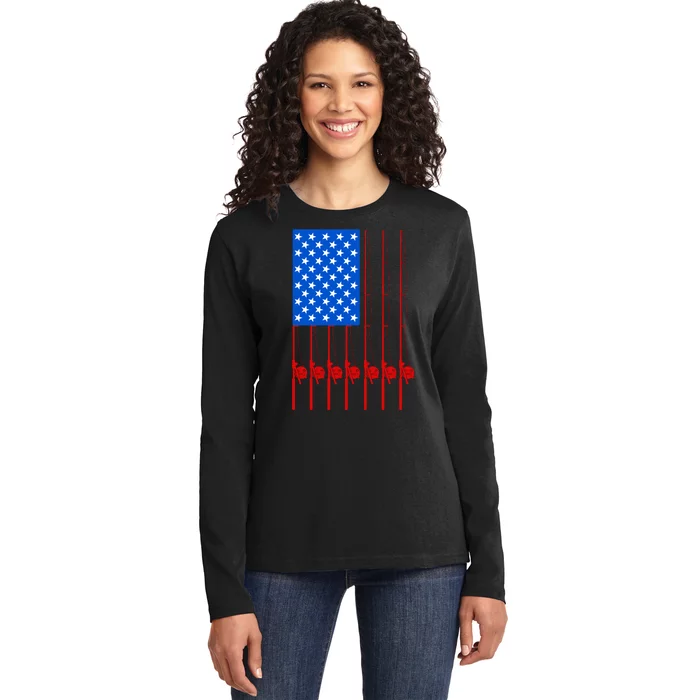 Fishing Poles USA American Flag Ladies Long Sleeve Shirt