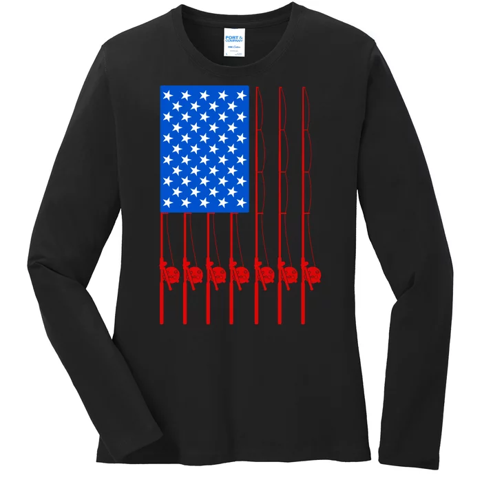 Fishing Poles USA American Flag Ladies Long Sleeve Shirt