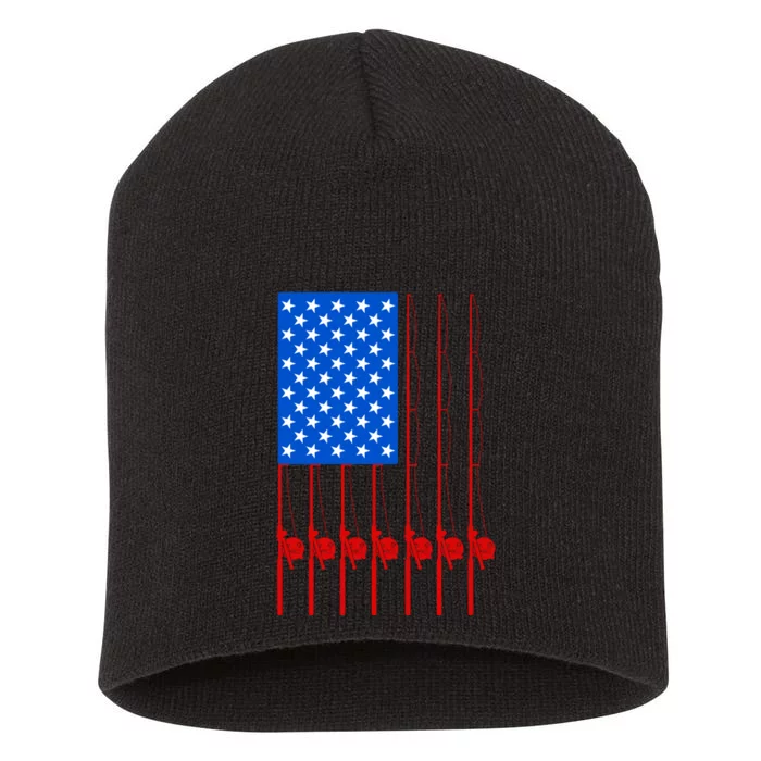 Fishing Poles USA American Flag Short Acrylic Beanie