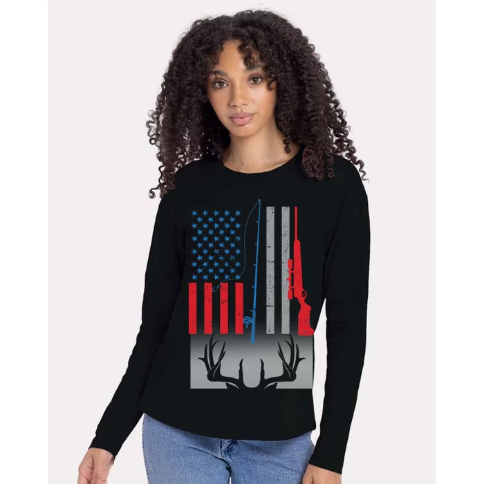 Fishing Rod Hunting Rifle American Flag Womens Cotton Relaxed Long Sleeve T-Shirt